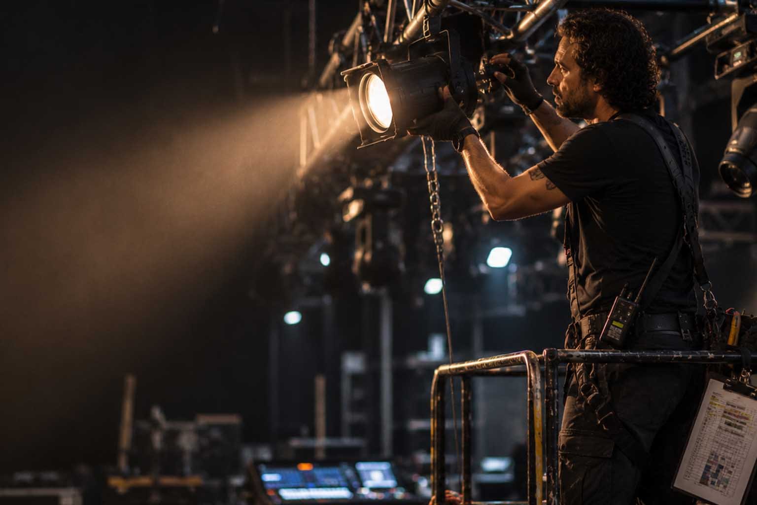 Técnico ajustando iluminação